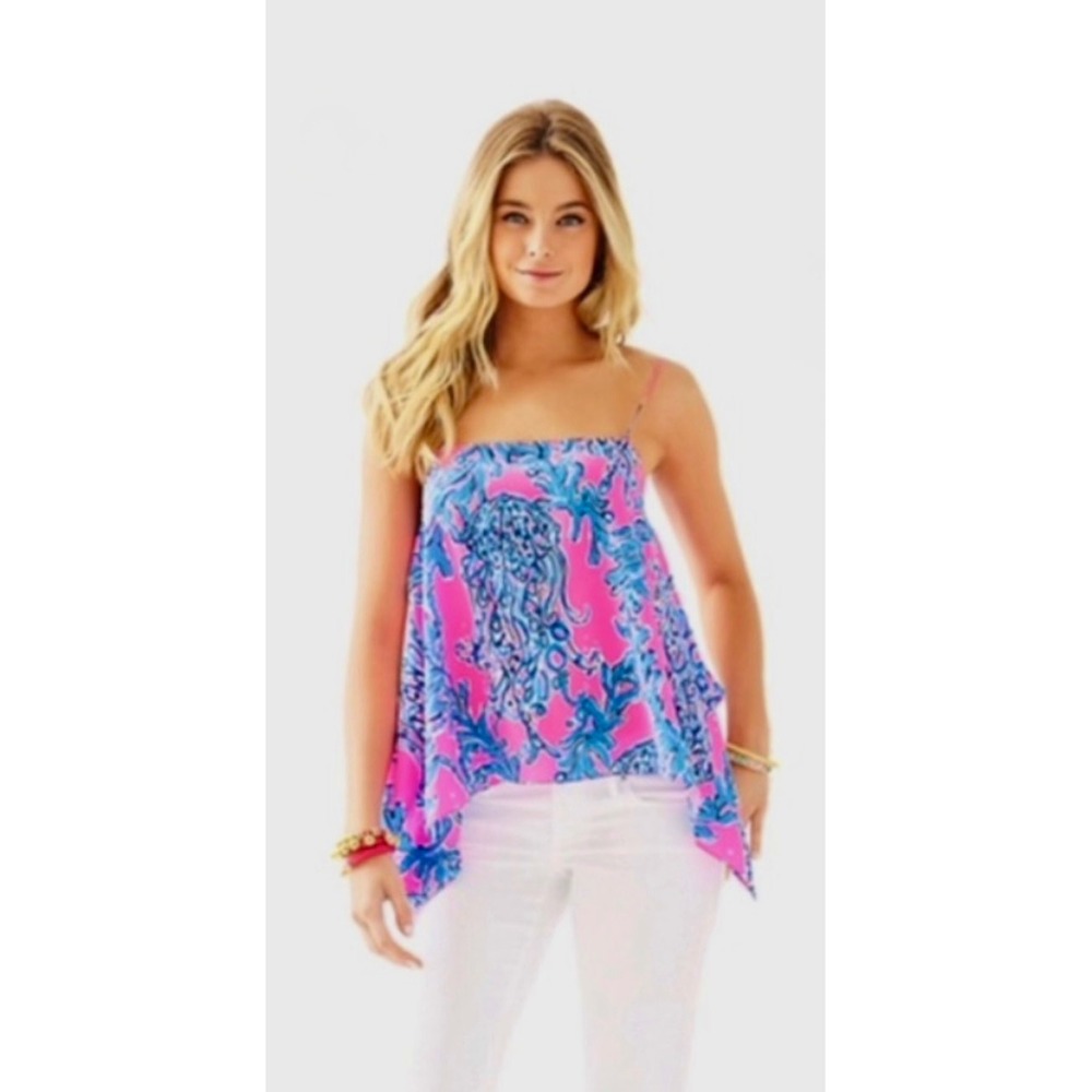 Lilly Pulitzer Silk Handkerchief Hem Cami Top Jellyfish Jam Pink Blue Large